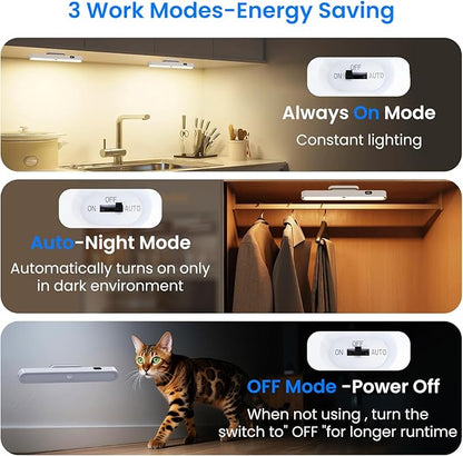 Under Cabinet Lighting Battery Operated 3000mAh Rechargeable,New Closet Motion Sensor Lights Indoor, Power Display 3 Color Temps Dimmable 300LM Magnetic Light Bar for Kitchen Counter(White)