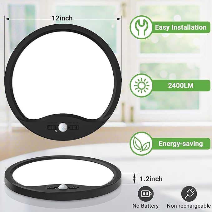 zemty 12inch 24W Motion Sensor Ceiling Light Wired, 3 Sensing Modes Motion Activated Closet Lights Black, 3000K/4000K/6500K Waterproof LED Ceiling Lamp for Pantry Closet Shower Hallway-1Pack