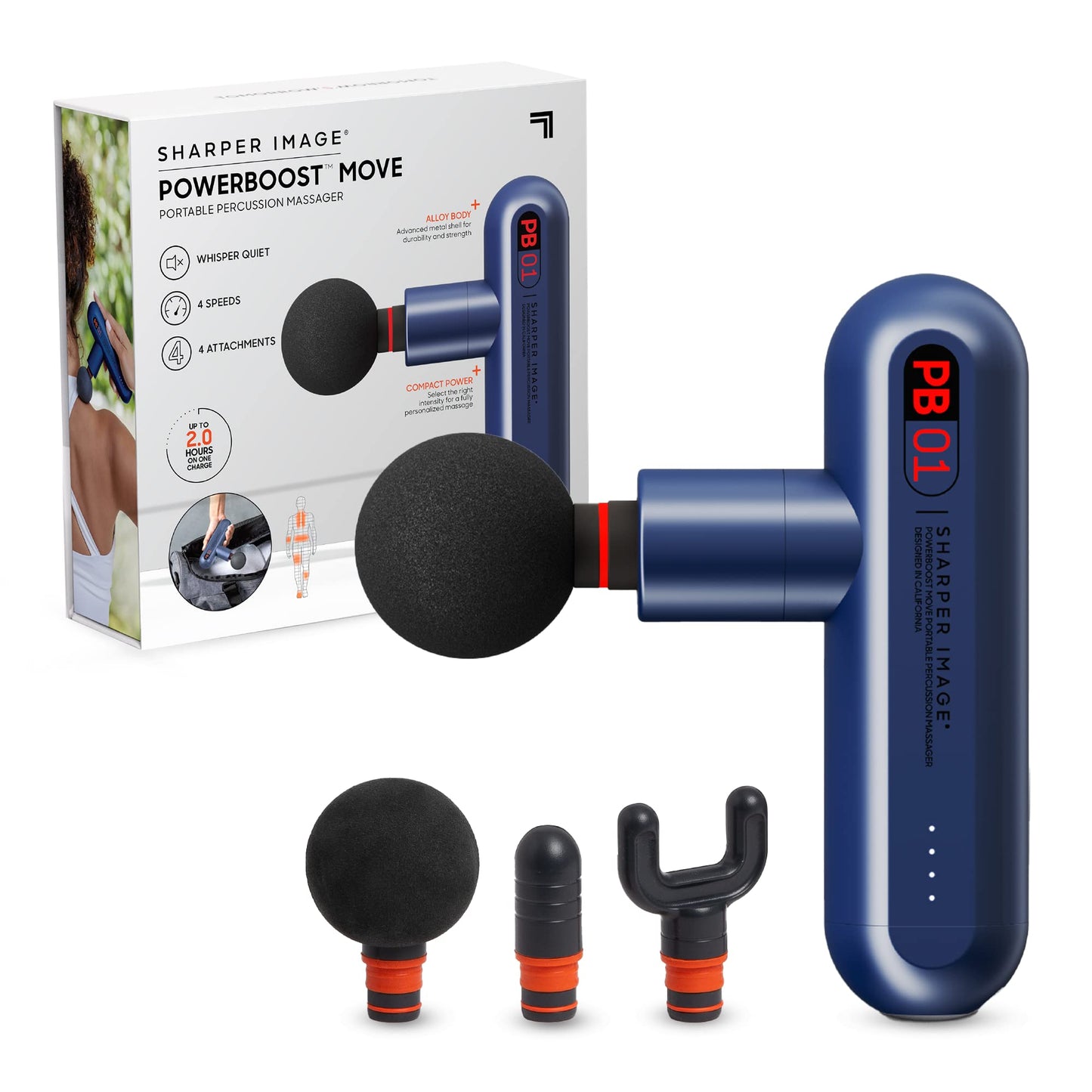 Sharper Image Percussion Massage Gun, Powerboost Move, Lightweight & Portable, 4 Attachments, 4 Speeds, Full Body Back & Shoulder Massager for Deep Tissue Muscle Recovery, Pain Relief & Soreness