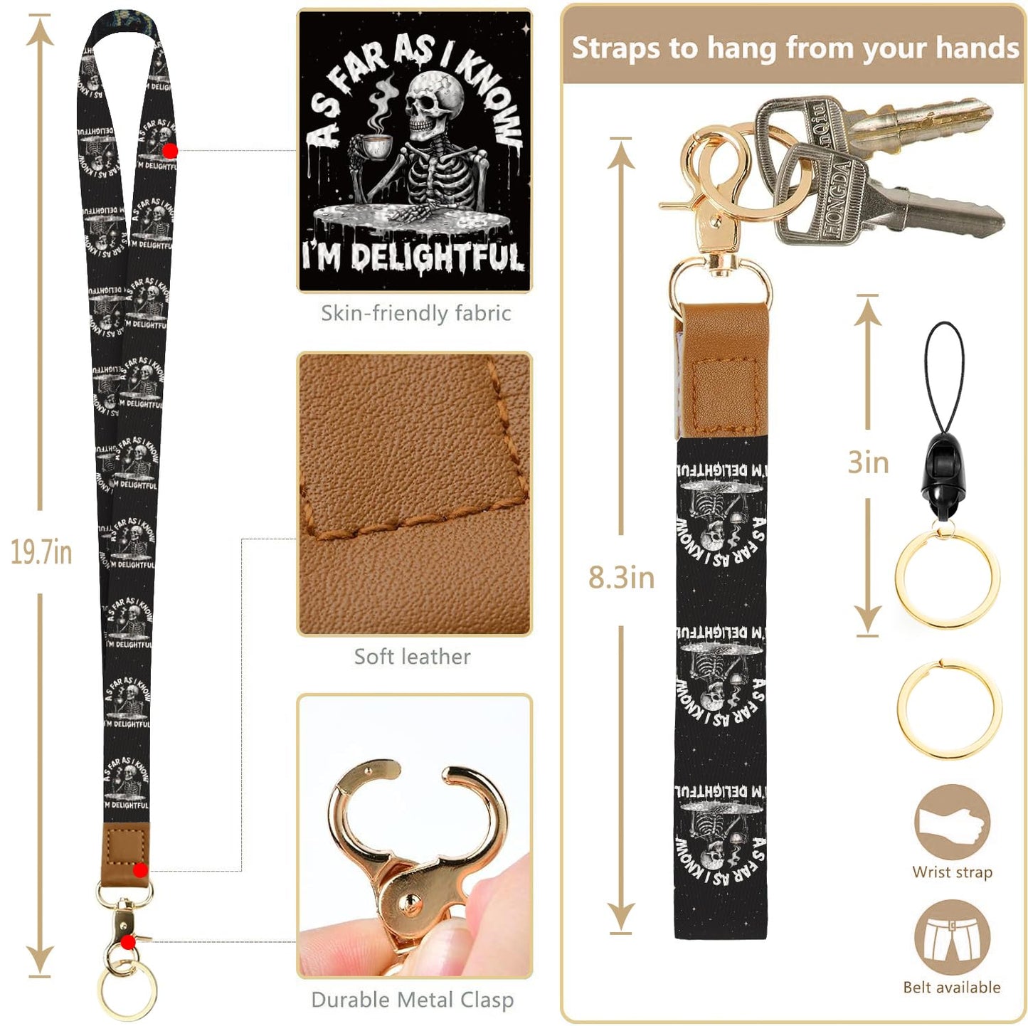 bolimoss Skeleton Lanyard Wallet with Id Badge Holder, RFID Leather Small Credit Card Holder with Keyring,Small Keychain Wallet with Breakaway Wrist Neck Strap