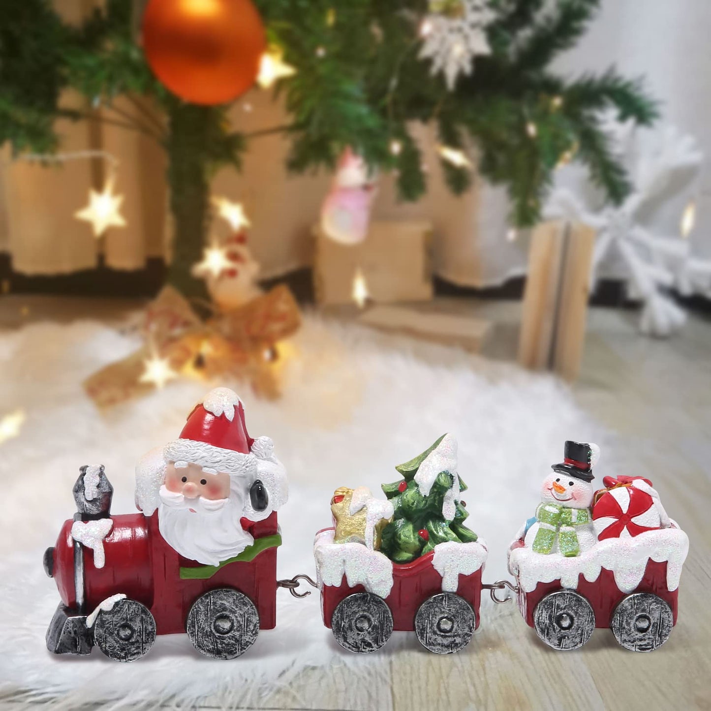 Hodao Christmas Train Figurines with Santa, Tree & Snowman – Mini Resin Tabletop Decorations for Home, Indoor Holiday Decor, Lovely Ornaments & Gift