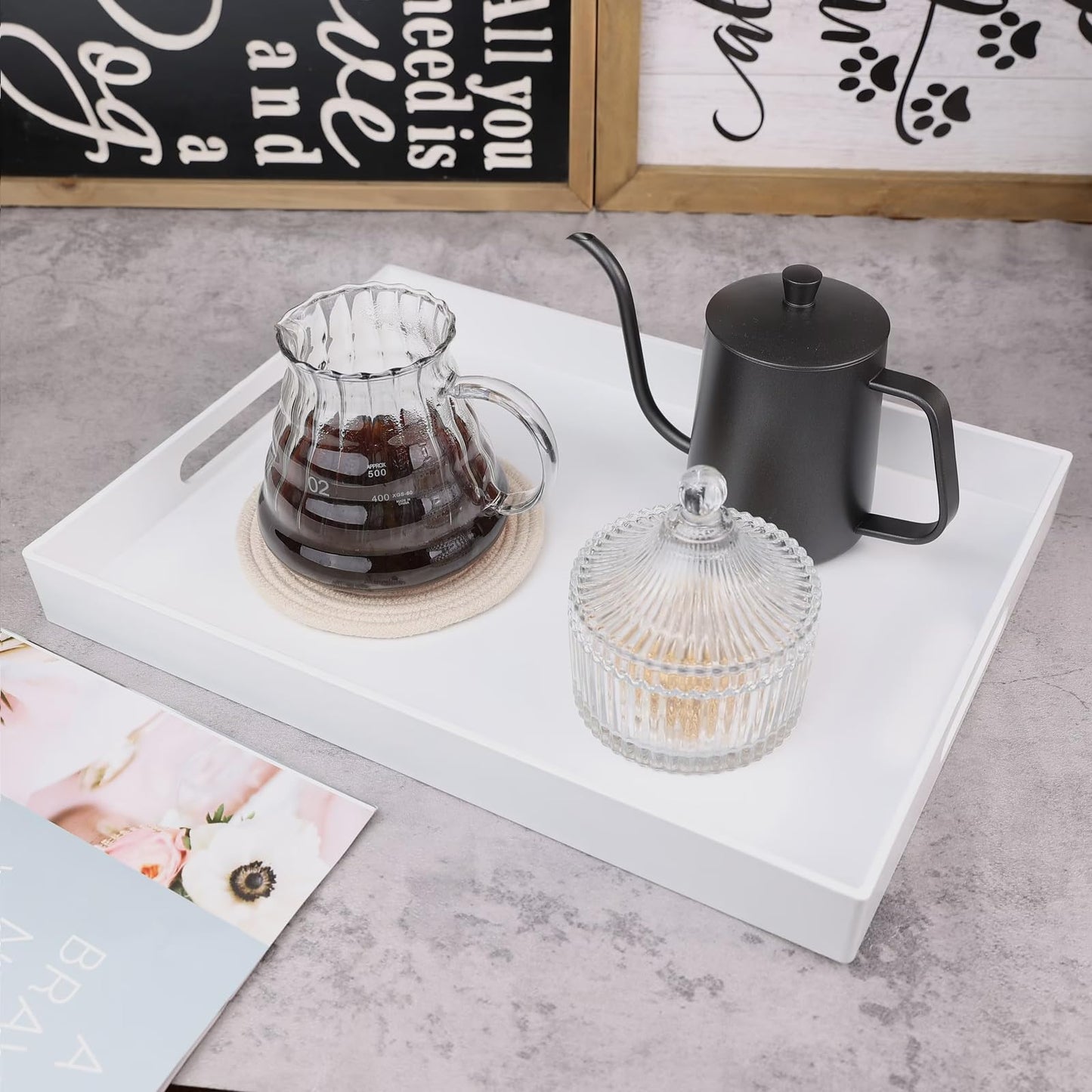 SforGUVA White Serving Tray for Coffee Table, Rectangular Plastic Decorative Tray with Handles for Entertaining, Outdoor Patio, Living Room, Ottoman, Bathroom Counter, 11.8”*15.7”*1.6”