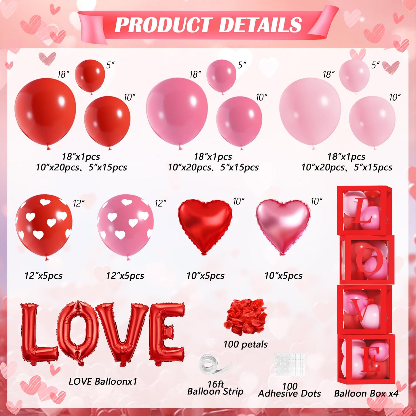 OTLGEUA Valentines Day Balloons Garland Arch Kit, Pink Red Valentines Day Party Decorations with XOXO LOVE Boxes for Women Girls Wedding Engagement Anniversary