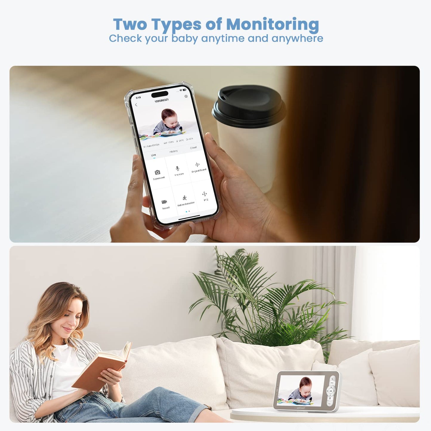 ieGeek 2K Split-Screen Baby Monitor, 5" Audio Baby Monitor with 2 Cameras, WiFi Smartphone Video Dual Camera, Night Vision, Motion & Cry Detection, Two Way Talk Temper &Humidity Sensor