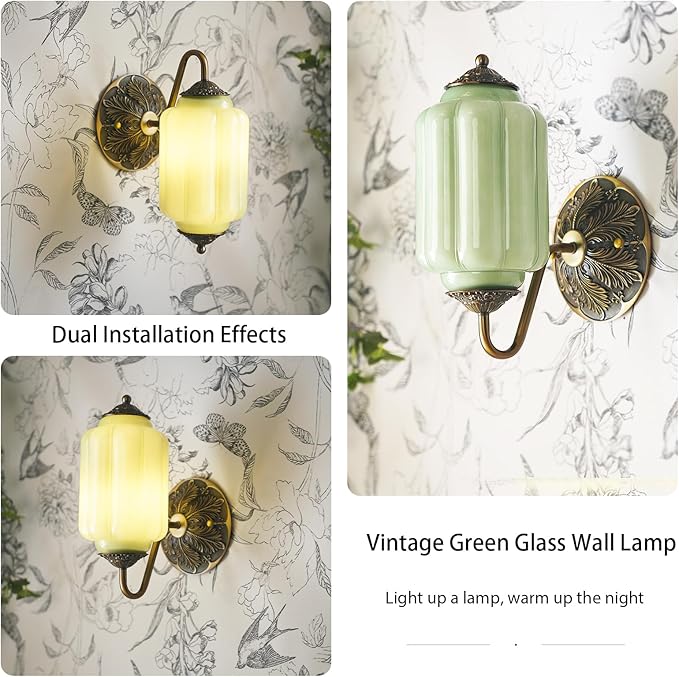 Antique Gold Milk Glass Wall Sconce - Vintage Green Shade & Brass Finish Base - Indoor Wall Lighting Fixture for Living Room, Bedroom, Bathroom, Hallway, Entryway (Green)