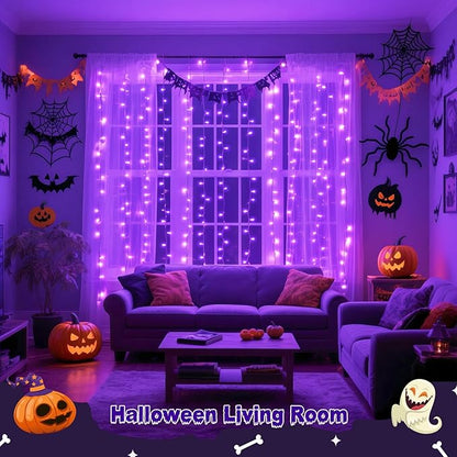 JMEXSUSS 200 LED Halloween Curtain Lights Battery Operated & USB Plug in, 6.6 x 6.6 ft Hanging String Lights Indoor with Remote, Purple Halloween Lights for Bedroom Backdrop Party Outdoor Decorations