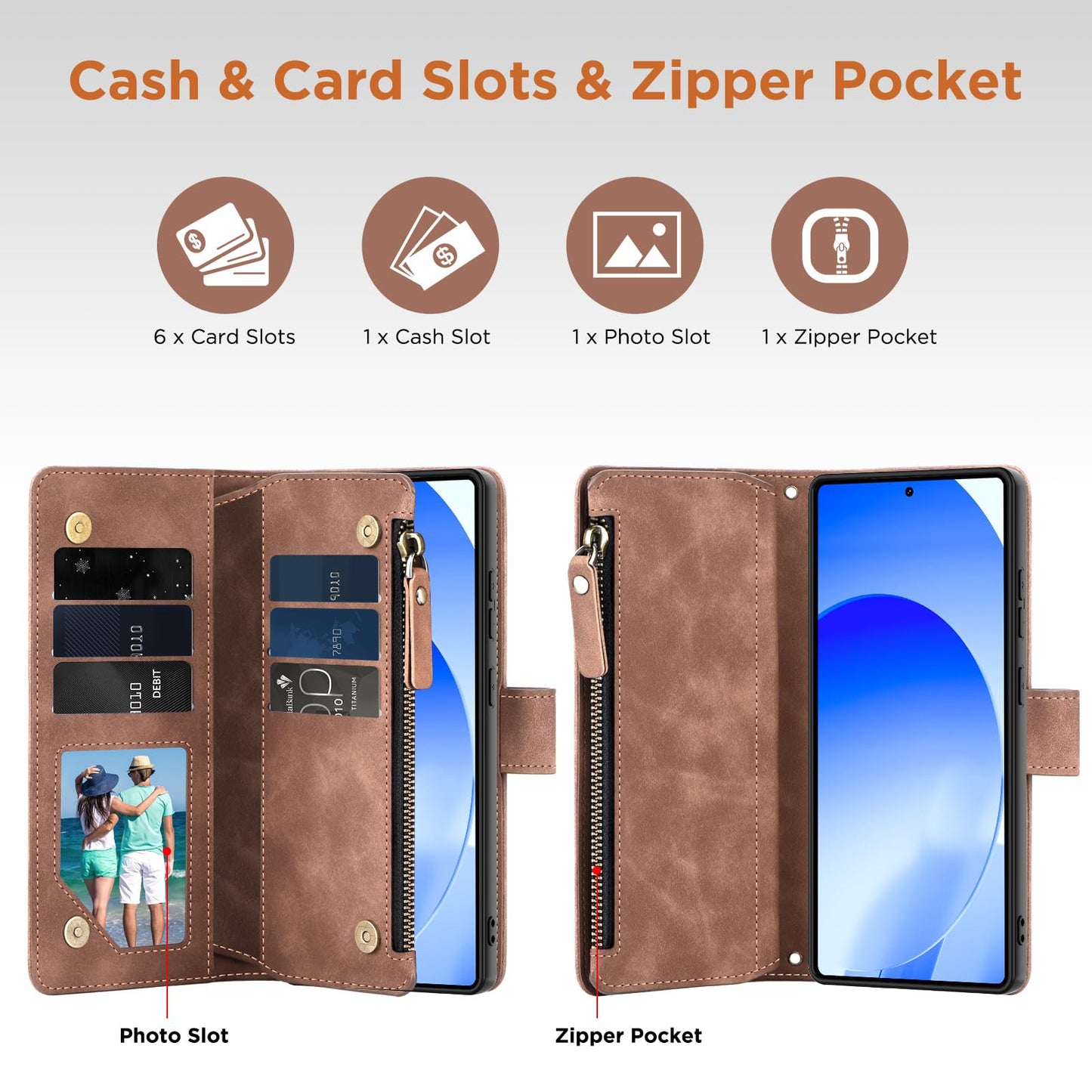 CAESBON for Samsung Galaxy S26-Ultra-Wallet Case: with RFID Blocking Card Slots (6 Cards) | Soft PU Leather Magnetic Snap Zipper Pocket | Crossbody Wrist Strap Protective Phone Cover - Brown