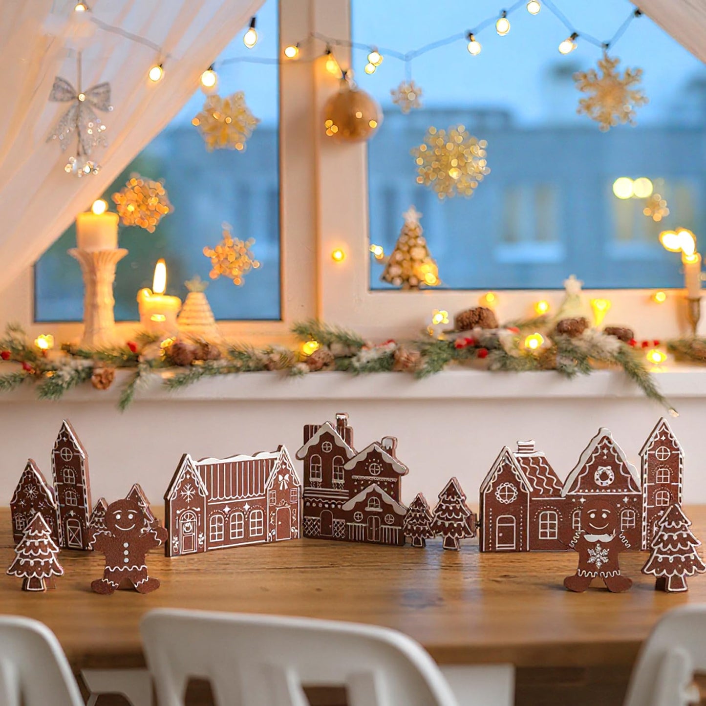 Colingmill 32 Inch Christmas Tabletop Decoration Wooden Christmas Gingerbread Man Themed Xmas Tree and House Signs Farmhouse Centerpiece Decor for Home Kitchen Table Shelf Decor