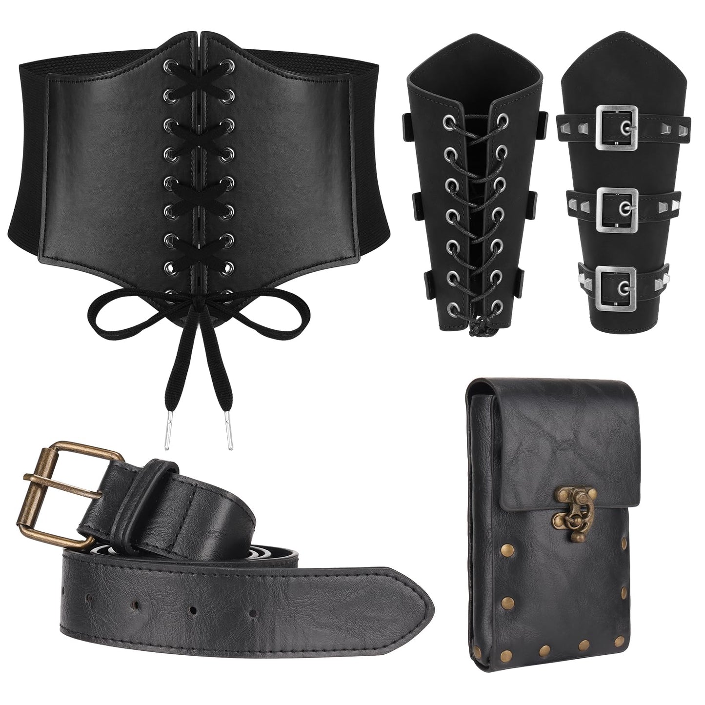 Magibag Women Renaissance Corset Belt Pouch Halloween Medieval Renaissance Costume Accessories (Black Arm Guards Set, L/Waist 32"-43")