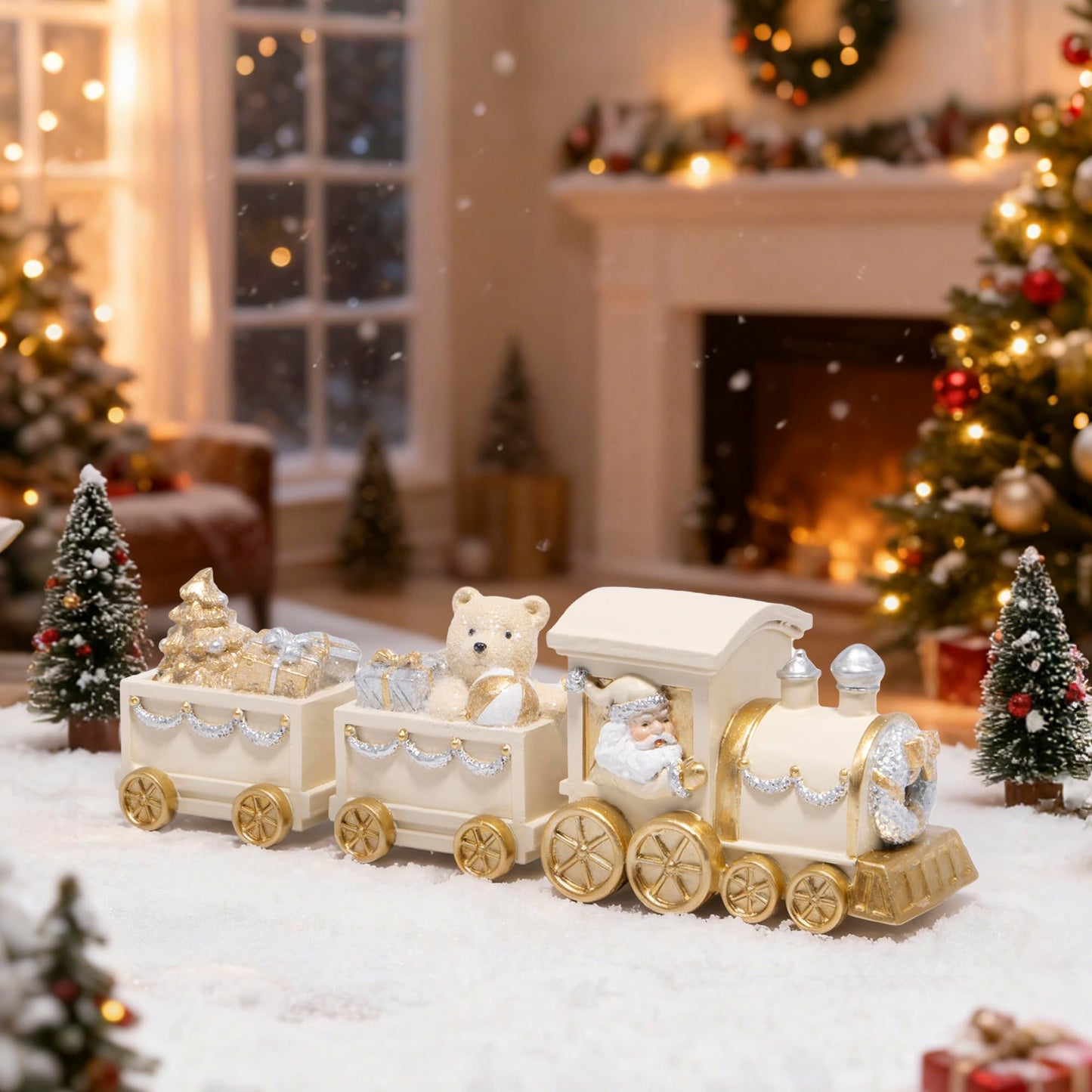 Hodao White Gold Christmas Train Decorations – Elegant Hand-Painted Resin Santa Claus and Teddy Bear Train, Luxury Ornament for Tabletop, Mantel, Home Christmas Decor Display