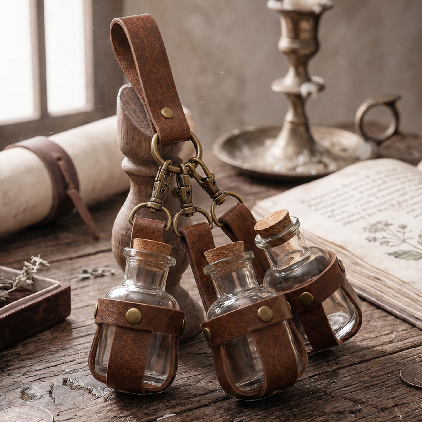 HOSEBS Cork Potion Bottle Belt Loop - Medieval Renaissance Witch Costume Accessory, Halloween LARP Costume Magic Vial Prop (Light Brown-A)