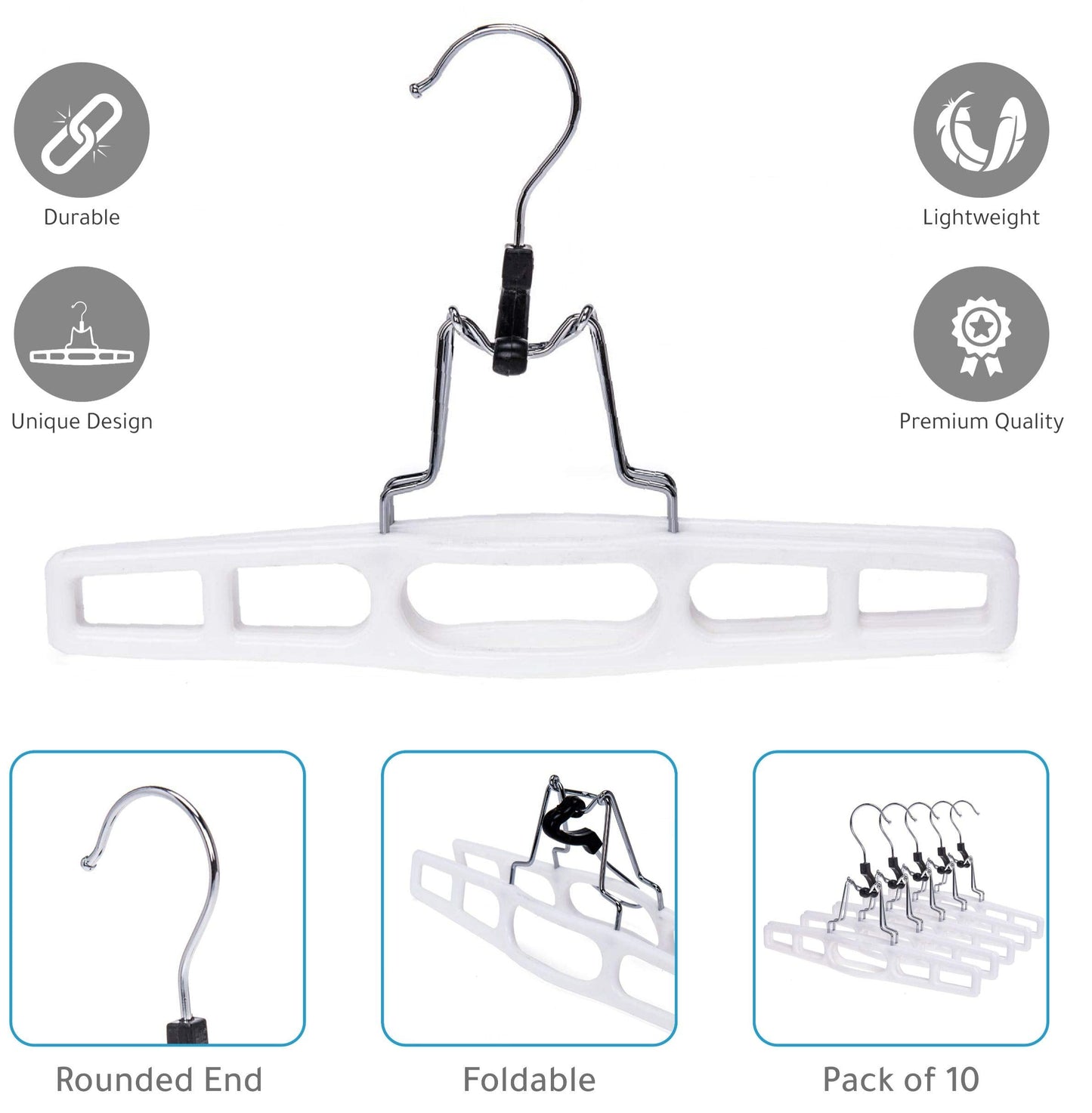 Quality Hangers 10 Pack Premium Skirt Hangers - Thin Space Saving Pant Hangers Set with Clamp, Shorts Hangers with Heavy Duty Locking Clasp, Multipurpose Jean Hangers Set - White