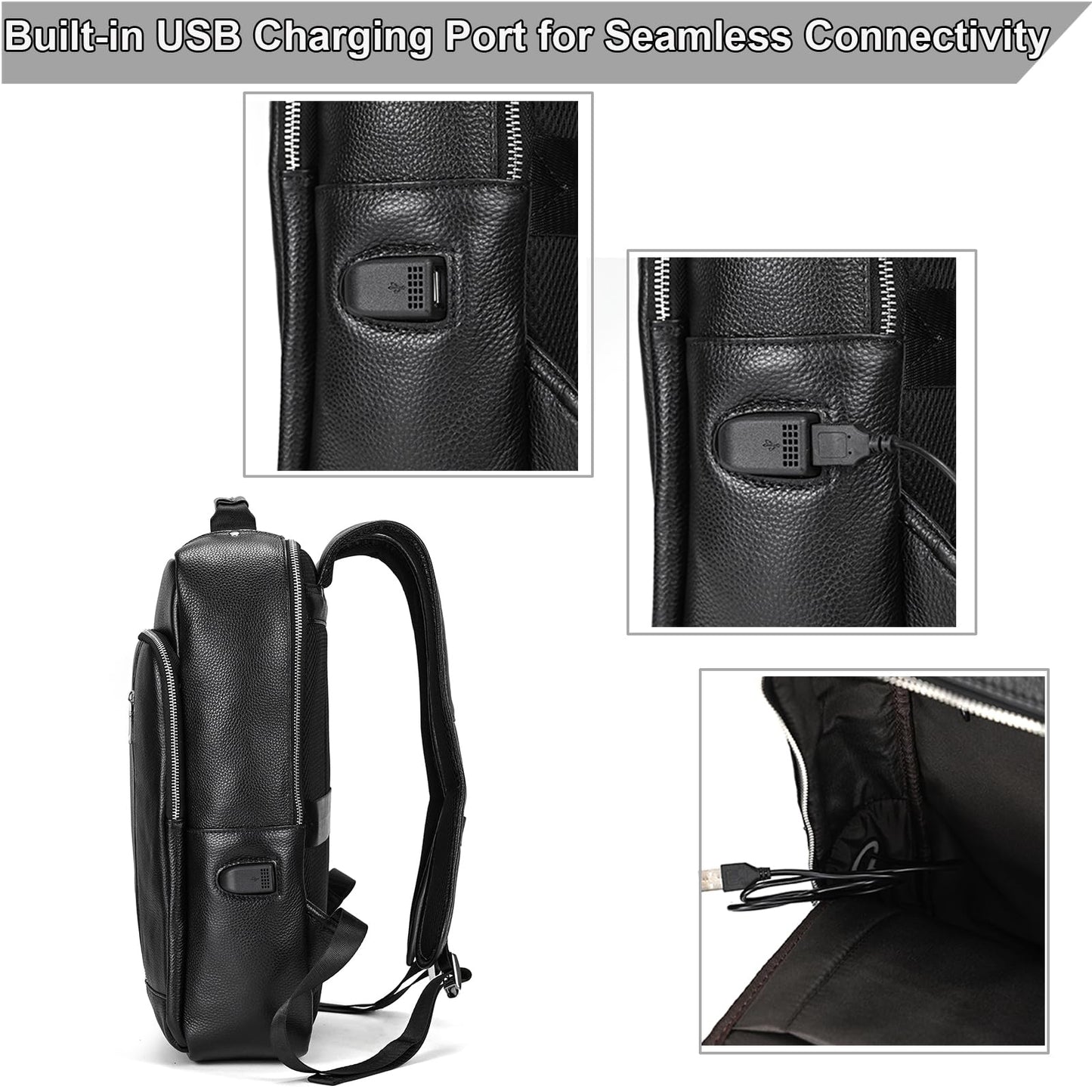 Yevabo Genuine Leather 15.6 Inch Laptop Backpack for Men, Multi Pocket Slim Daypack Shoulder Bag with Trolley Sleeve for Business Travel (Black)