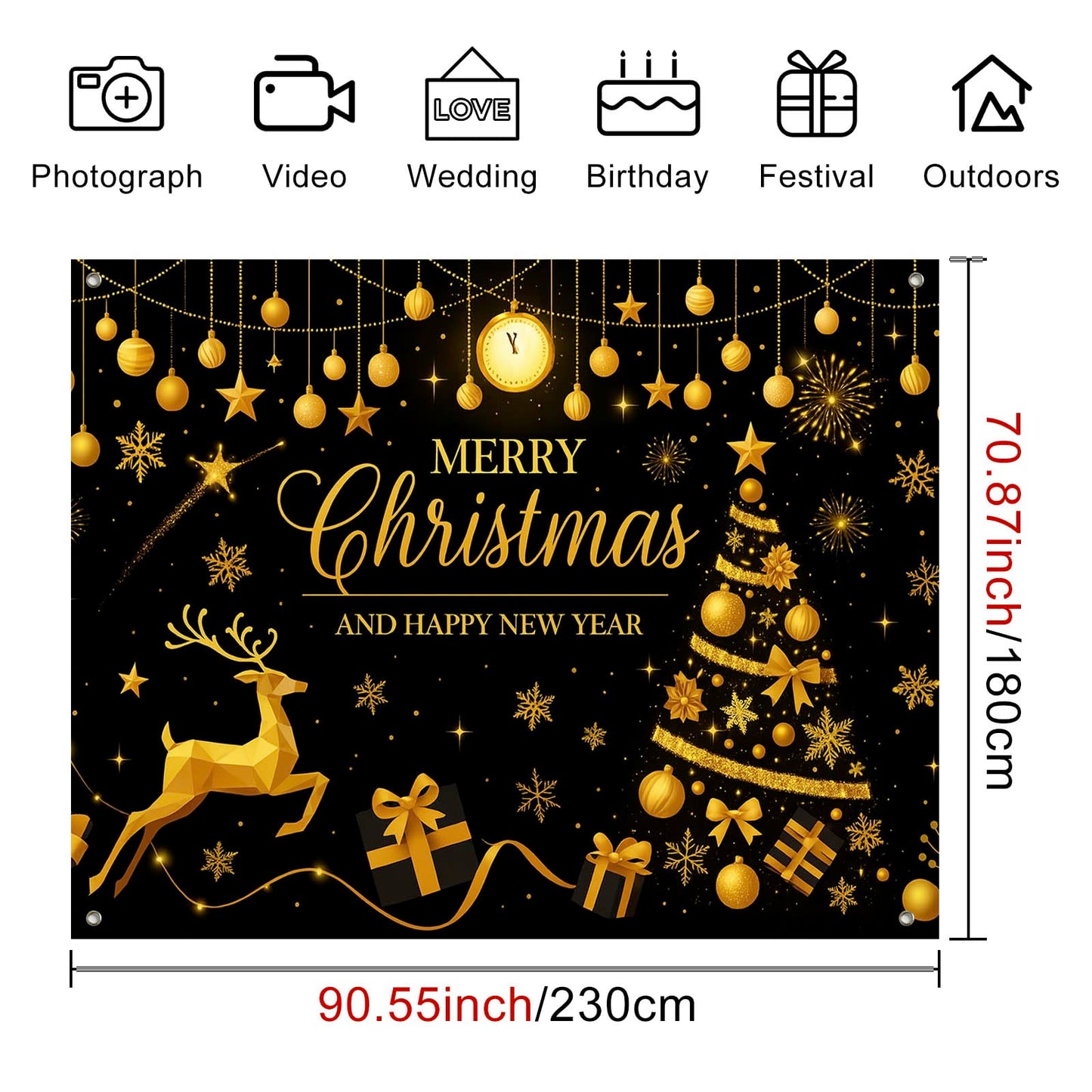 HOMETITUTE Black Gold Merry Christmas Backdrop 8×6ft Holiday New Year Photo Background Party Decoration Banner Golden Tree Reindeer Gifts Photography Backdrop