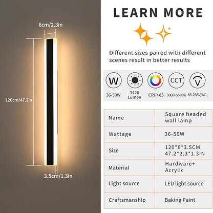 Mikeru 2pack 47.2inch Outdoor Wall Light Fixtures, 10%-100% Dimmable Outdoor Wall Lights Exterior Front Porch Light 3000-6000k Wall Mounted Led Lighting for Basement, Shop,Garage Lighting