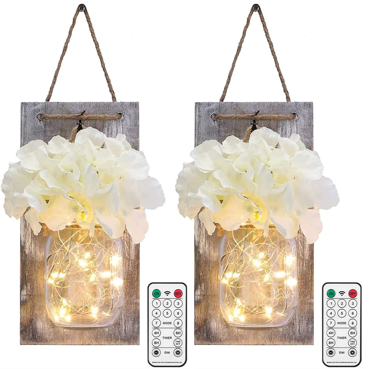 Lightess Mason Jar Wall Lights with Remote Control, Rustic Bedroom Wall Decor, Hanging Battery Powered Jar Sconce with LED Fairy Lights for Farmhouse Decor, SYA11 (Set of 2)