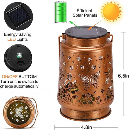 Butterfly Solar Lanterns Outdoor Waterproof Rose Garden Decor Gifts for Women Mom Grandma Hanging Solar Lights Metal Solar Decoration Outside for Yard,Patio,Backyard,Porch