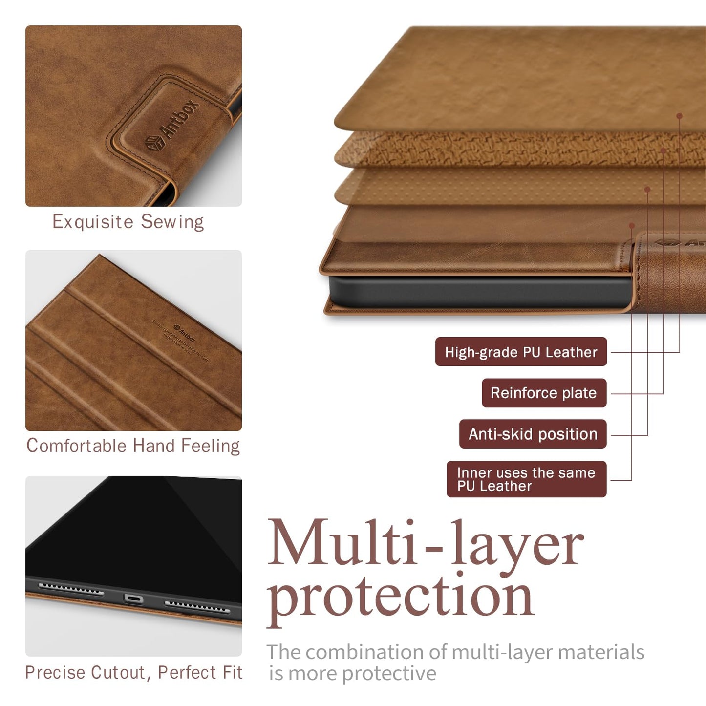 Antbox Case for iPad (A16) 11th (11'')/ 10th Generation (10.9'') High Grade Skin-Touch Vegan Leather with Built-in Pencil Holder Auto Sleep/Wake Function (Tan)