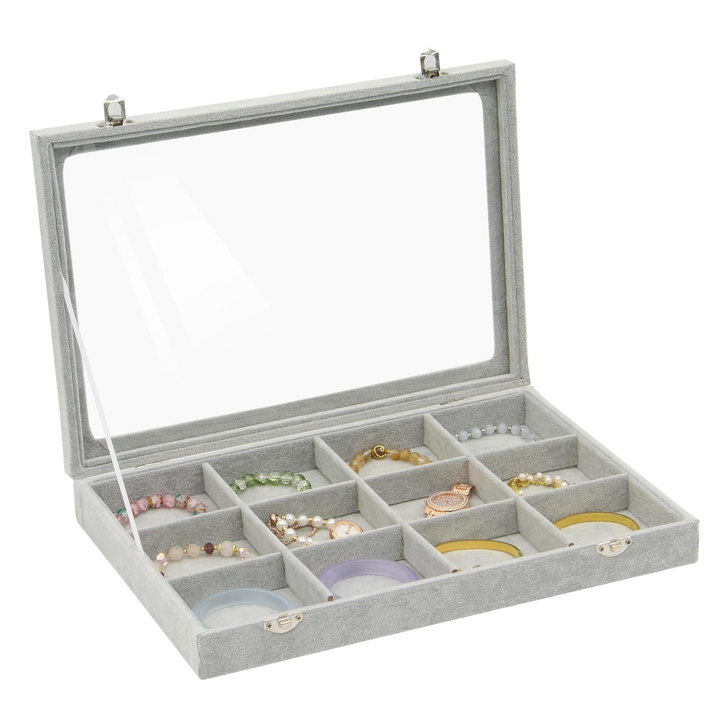 KOOAAICCHI Jewelry Organizer Bracelet Organizer Storage Box 12 Grid Stackable Jewelry Tray with Lid Velvet Jewelry Box Case Organizer for Home Drawer Desk or Store Selling Show(Velvet Grey)