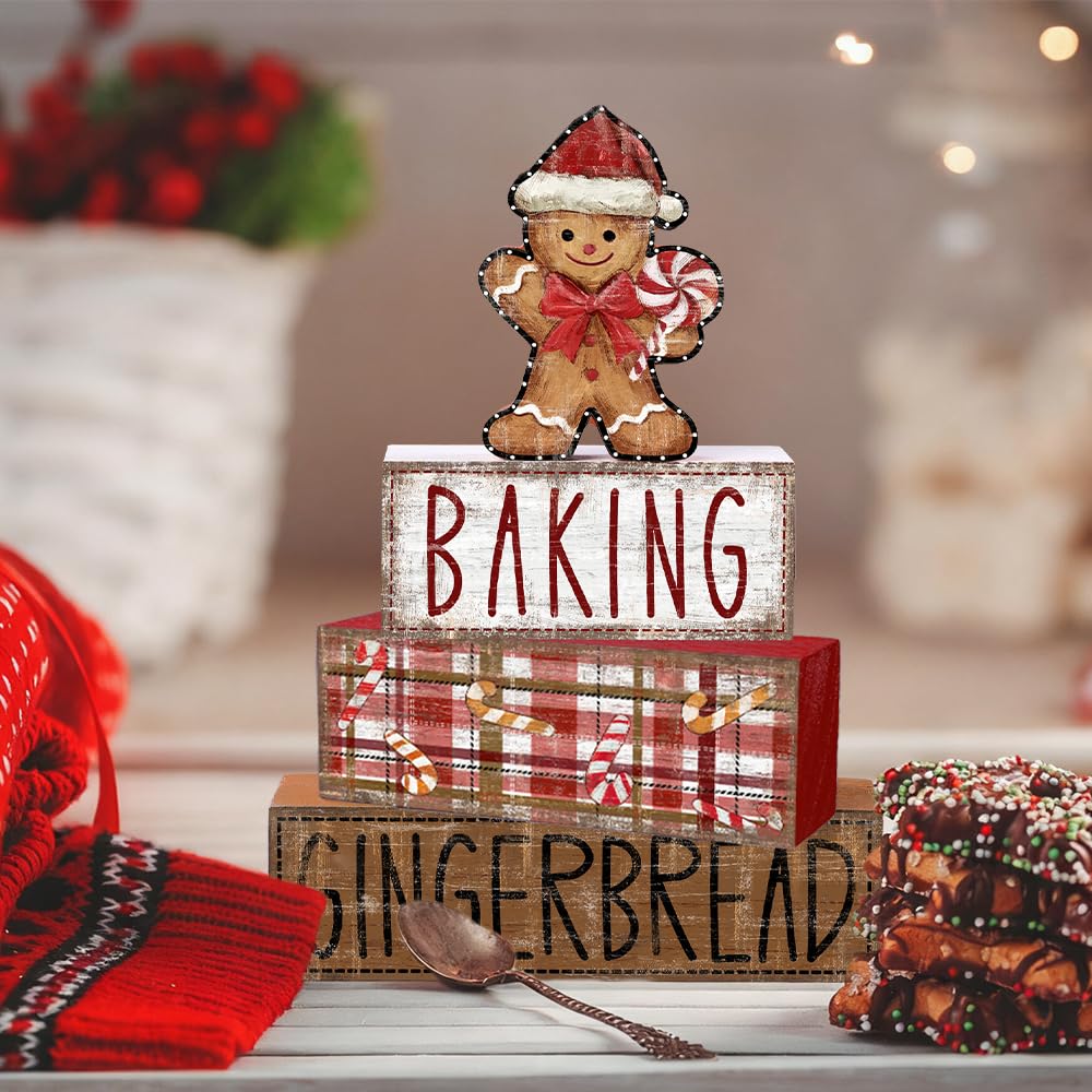 DIYDEC 4Pcs Christmas Table Decoration Gingerbread Man Wooden Block Sign Christmas Tiered Tray Decor Centerpiece Decorative Sign for Xmas Holiday Tabletop Coffee Fireplace Shelf Desk Party Decor
