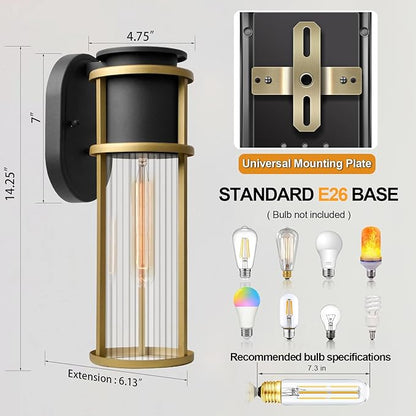 ALVIME 2 Pack Outdoor Wall Lights, Waterproof Exterior Lighting Fixtures, Sand Gold Anti-Rust Exterior Sconce Light for Front Door, Porch, Patio, Garage, Indoor, Bed Room, Clear Ribbed Glass, E26 Base
