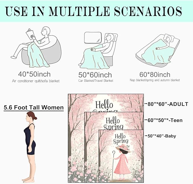 Spring Blossom Fleece Blanket - 60x80in Cute Girl in a Pink Dress Throw Blankets,Soft Cozy Lightweight, Ideal for Bed Living Room Home Whimsical Decor and Kids Women Gifts