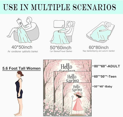 Spring Blossom Fleece Blanket - 60x80in Cute Girl in a Pink Dress Throw Blankets,Soft Cozy Lightweight, Ideal for Bed Living Room Home Whimsical Decor and Kids Women Gifts