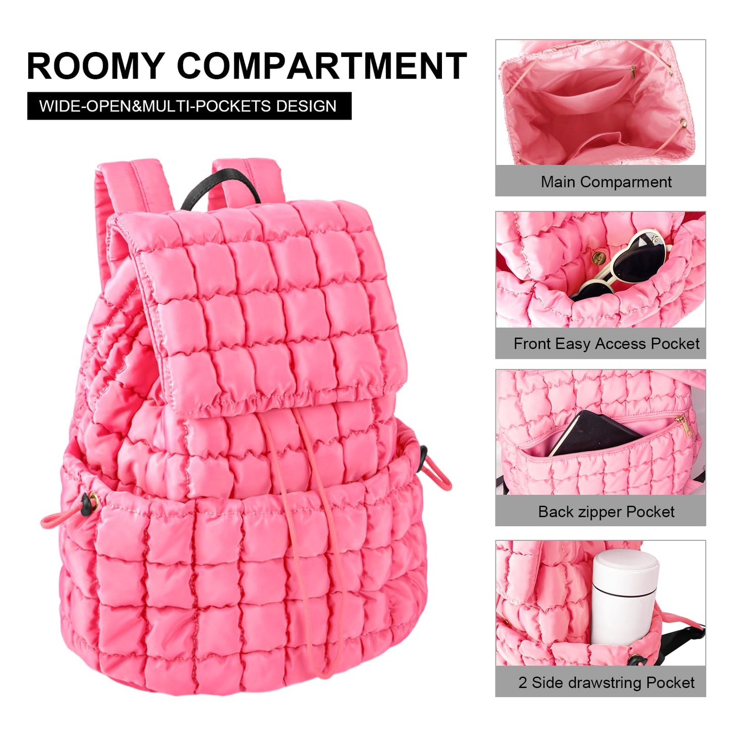 XSUIOY Quilted Backpack Purse for Women Small Lightweight Puffer Puffy College Laptop Backpack Nylon Casual Bookbag Daypack Top Flap Drawstring Padding Hiker Travel Gym Backpack(Pink)