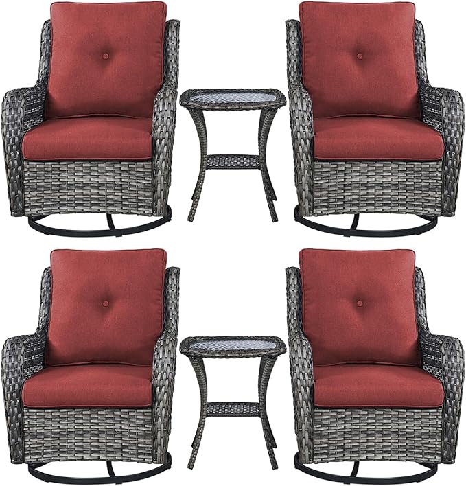 Rilyson Patio Chairs Wicker Outdoor Chair - 6 Piece Rattan Swivel Rocking Chairs Set Patio Glider Rocker Chairs with Glass Top Side Table for Porch Deck Garden Backyard(Mixed Grey/Red)