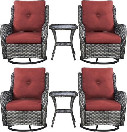 Rilyson Patio Chairs Wicker Outdoor Chair - 6 Piece Rattan Swivel Rocking Chairs Set Patio Glider Rocker Chairs with Glass Top Side Table for Porch Deck Garden Backyard(Mixed Grey/Red)