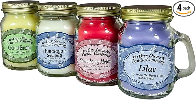 Our Own Candle Company 4 Pack Spring Assortment Mini Mason Jar Candles - 3.5 Oz Coconut Banana, Himalayan Sea Salt, Lilac, Strawberry Melon