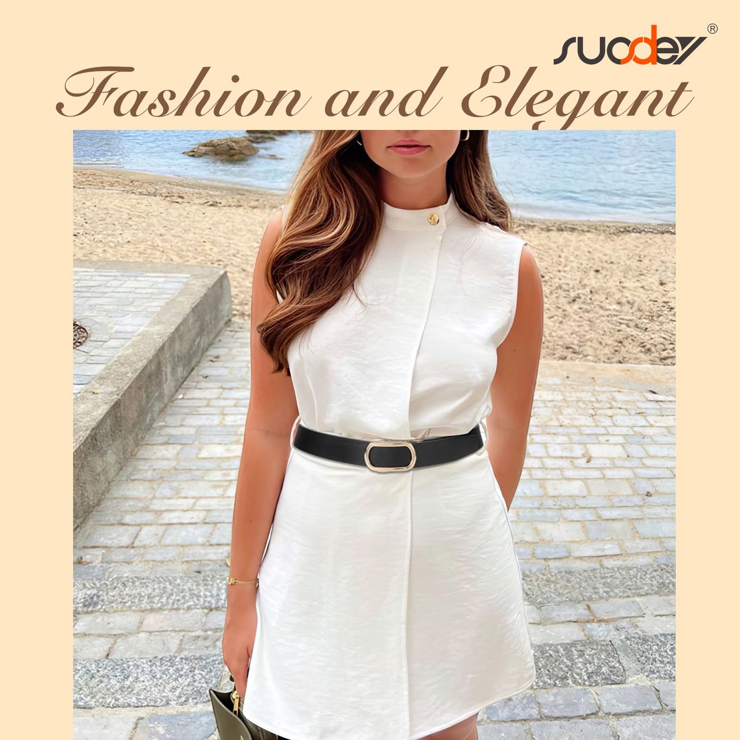SUOSDEY Women Leather Ratchet Belt for Jeans Pants with Gold Automatic Sliding Buckle,Ladies Dress Belt,Width 1.2"