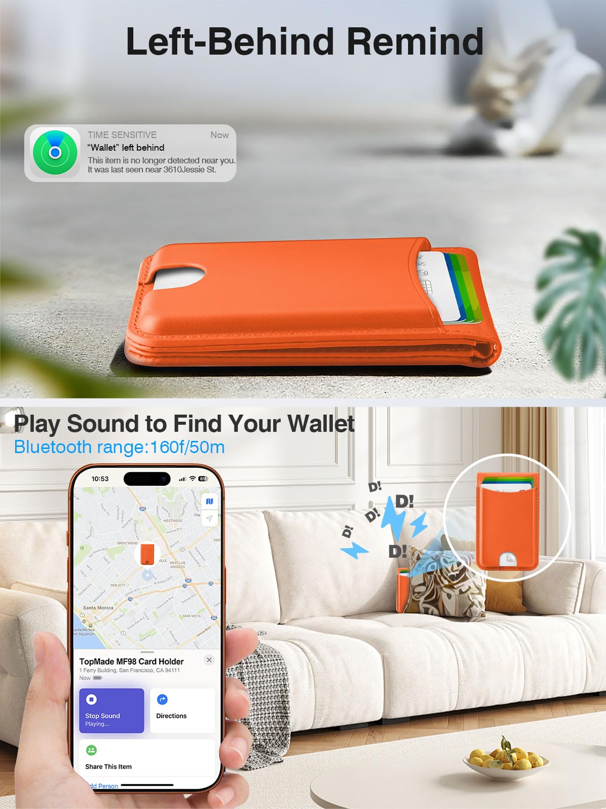 TopMade for MagSafe Wallet, Works with Apple Find My, Strongest Magnetic Wallet with Stand, 6 Card Holder, RFID Blocking, Magnetic Card Holder for iPhone 17/16/15/14/13/12 Series, Rechargeable,Orange