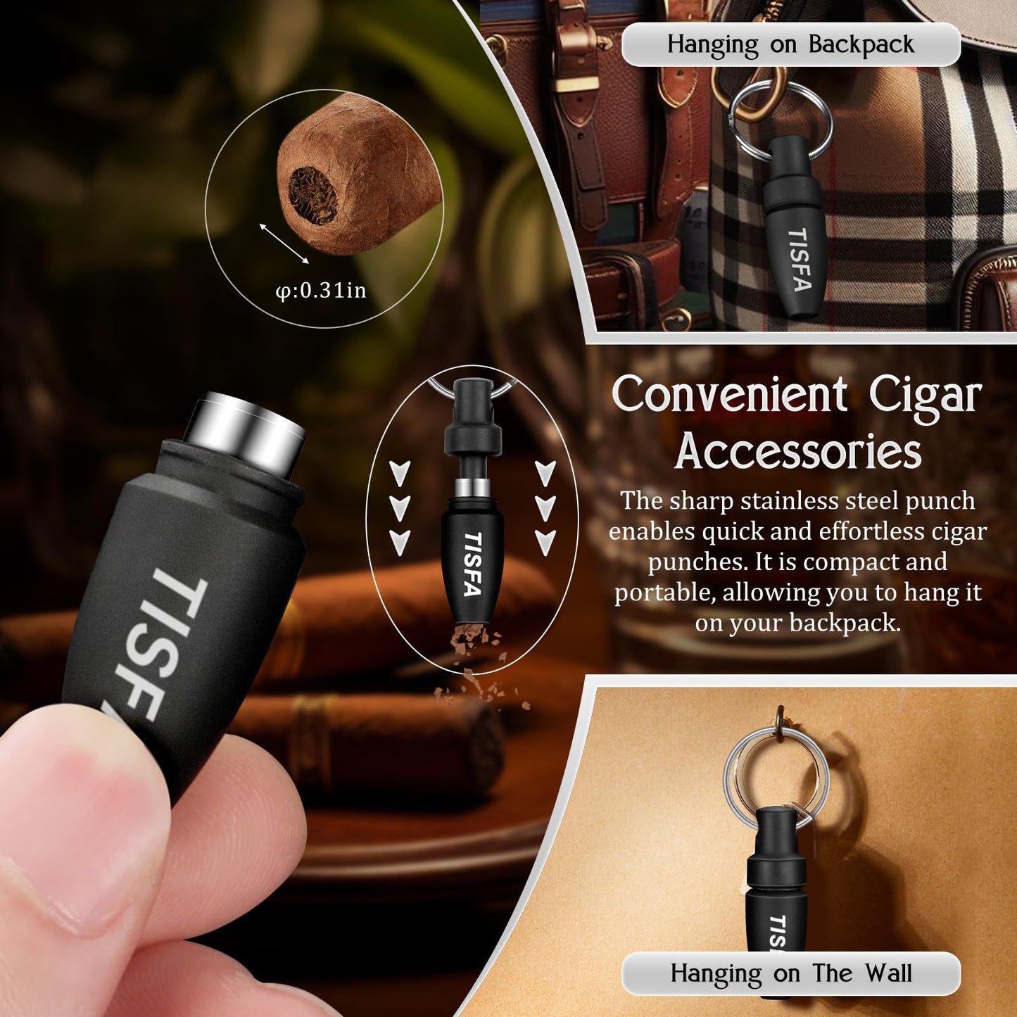 TISFA Cigar Humidor Set Travel Humidor Includes 2 Multifunctional Cutters, Hole Punch, Humidifier, Hygrometer, Portable Cedar Wood Lined Cigar Box Holder Case Gifts for Men (Black)