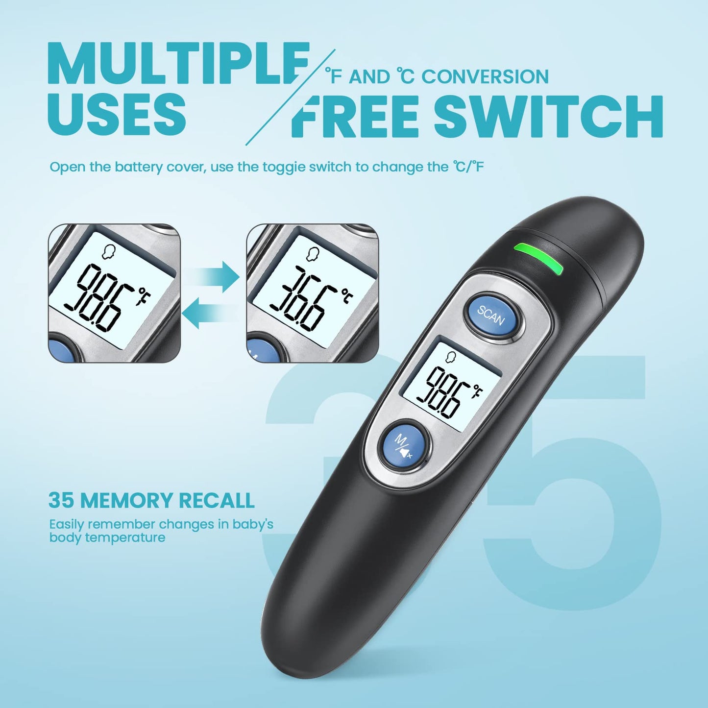 Ear Thermometer for Adults and Kids, Digital Accurate Ear and Forehead Thermometer with Fever Alarm, 1 Second Fast Result, Easy to use, 2 in 1 Mode