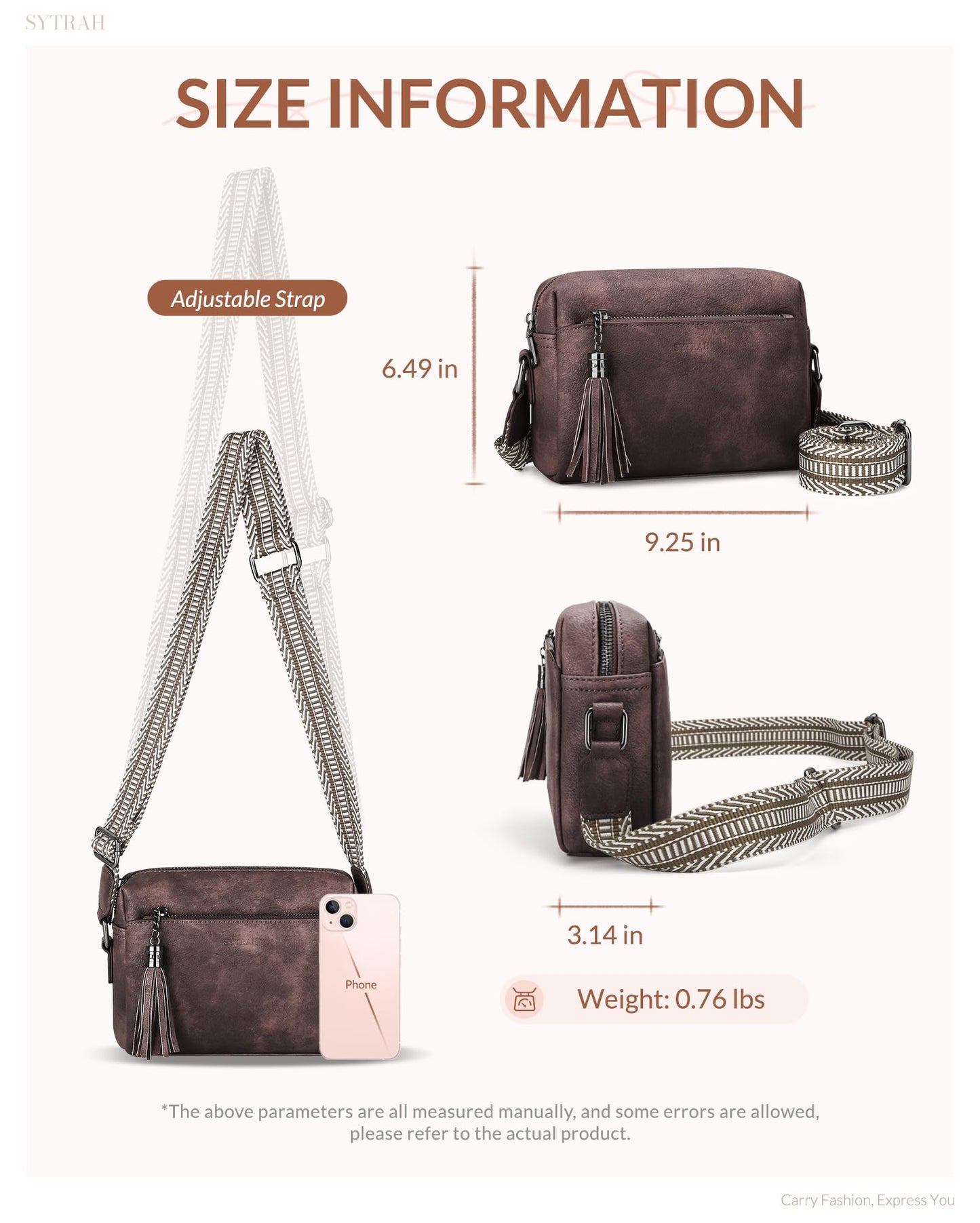 SYTRAH Crossbody Bags for Women, Triple Zip Crossbody Purses for Women Trendy, Cell Phone Purse Shoulder Handbag with Adjustable Strap Mocha Coffee