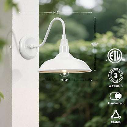 10'' Diameter Outdoor Gooseneck Barn Light Fixture with Wall Mount, White Exterior Waterproof Porch Barn Door Wall Lantern, Farmhouse Outdoor Wall Sconce, 1 Pack, LM2201-WH