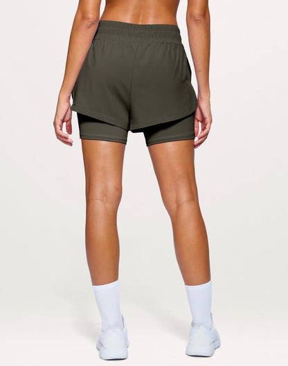 Soothfeel Women's 2 in 1 Running Shorts 5" Athletic Shorts High Waisted Workout Gym Tennis Exercise Shorts with Liner Pocketarmy_GreenM