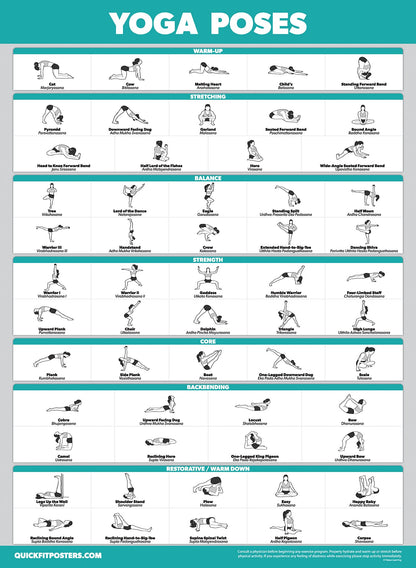 Palace Learning 4 Pack - Yoga Block Poses + Pilates Exercise + Yoga Poses Positions + Stretching Posters - Set of Four Fitness Charts (18" x 24", LAMINATED)