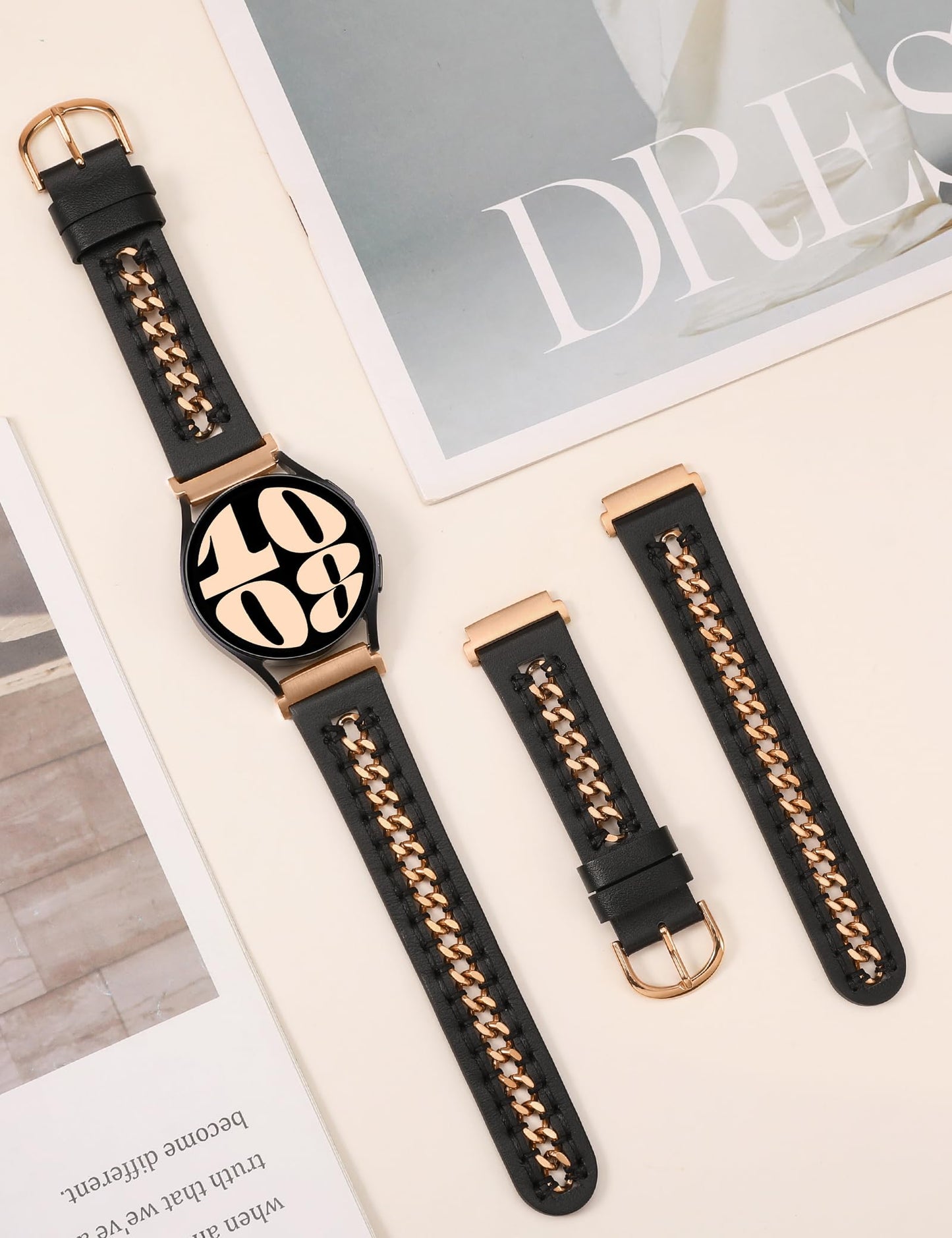 Minyee Leather Band Compatible with Samsung Galaxy Watch 7/6/5/4/FE/Active 2 40mm 44mm/Watch 6 Classic 43mm 47mm/Watch 5 Pro 45mm Bands, 20mm Dressy Leather Strap with Metal Chain, Black/Rose Gold