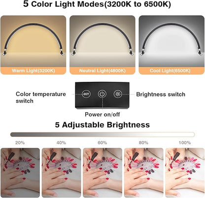 Nail Light for Desk, 30'' LED Half Moon Lamp for Nail Techs, Manicure and Handicraft, Adjustable Color Modes and Brightness, with Phone Holder (Black)