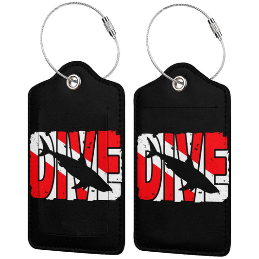 Vintage Shark Scuba Dive Flag Leather Travel Luggage Tags Luggage Id Tags Carry-On Cards Set of 2 for Women Men Travel