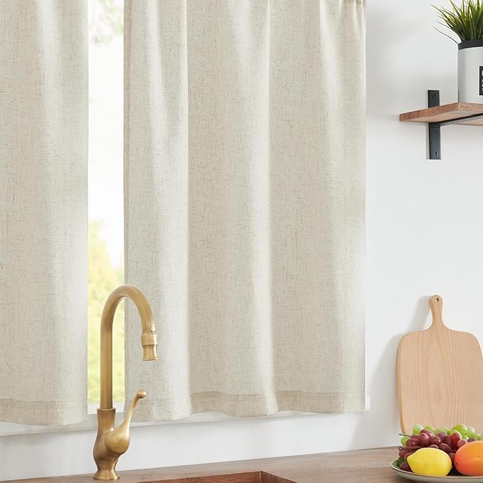 jinchan Linen Textured Tier Curtains 24 Inch for Kitchen Windows Country Farmhouse Cafe Small Curtain Rustic Light Filtering Half Curtains for Living Room Laundry Bathroom Rod Pocket 2 Panels Crude