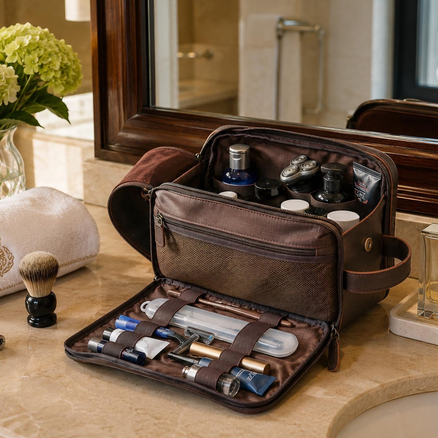 Polare Full Grain Leather Toiletry Bag for Men, Portable Travel Dopp Kit, Large Shaving Kit Organizer Cosmetic Case, Wash Pouch with YKK Zippers