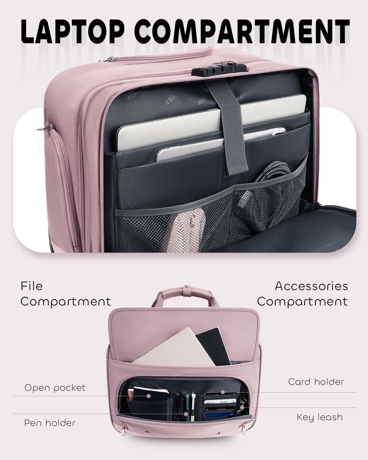 AUROTIER Rolling Laptop Bag Women, Rolling Briefcase for Women with Dual Lock, 16 Inch Computer Bag with Wheels, Roller Underseat Carry On Luggage Personal Item Suitcase for Work Travel Business