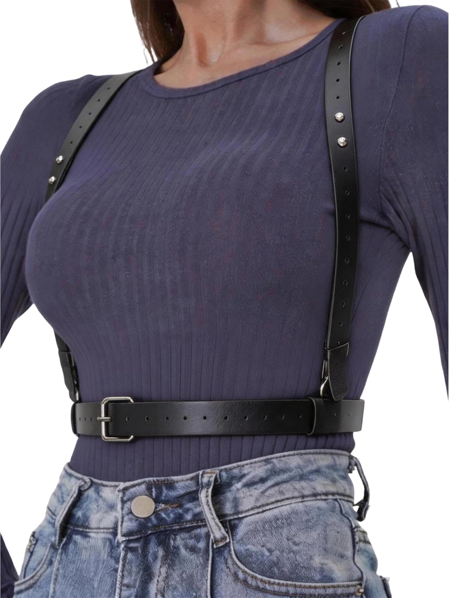 WARANDOD Women’s Adjustable Faux Leather Wide Waist Belt with Shoulder Straps, Gothic Punk Harness Style Fashion Belt, Alloy Buckle Accessory(Waist 26.0-35.4in)