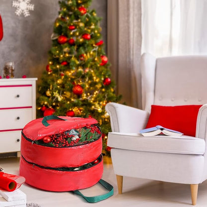 Double Layer Christmas Wreath Storage Container Bag Wreath Storage Pure Color Seasonal Garland Holiday Container Festive Box with Dual Zippers and Handles for Xmas(24 Inch,Red)