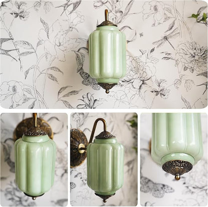 Antique Gold Milk Glass Wall Sconce - Vintage Green Shade & Brass Finish Base - Indoor Wall Lighting Fixture for Living Room, Bedroom, Bathroom, Hallway, Entryway (Green)