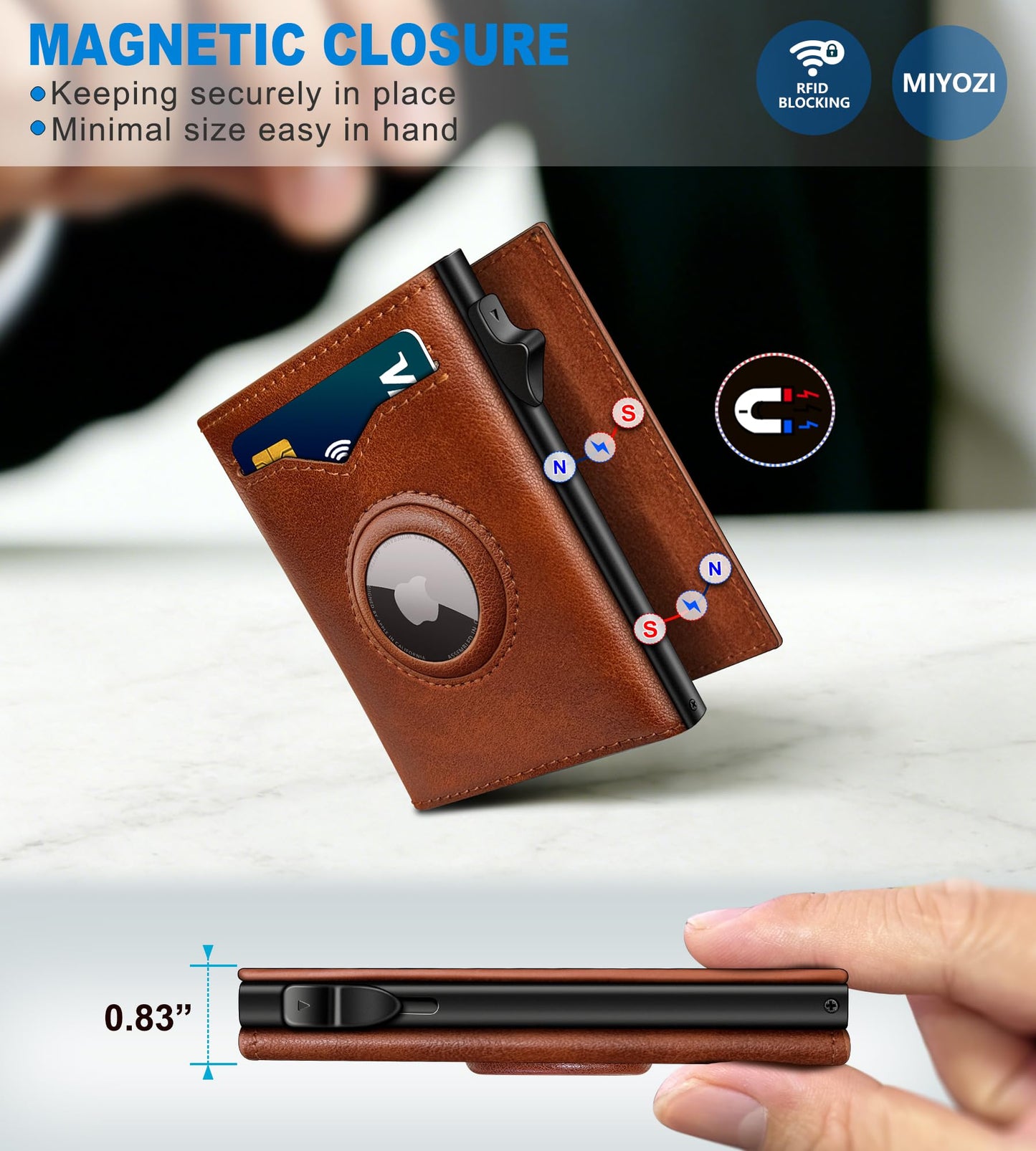 miyozi Airtag Wallet for Men,with Cash Pocket 2 ID Window 9-12 Cards,Metal Case Smart Slim Pop Up Credit Card Holder Flip with Magnetic Closure RFID Blocking Trifold wallet with Gift Box