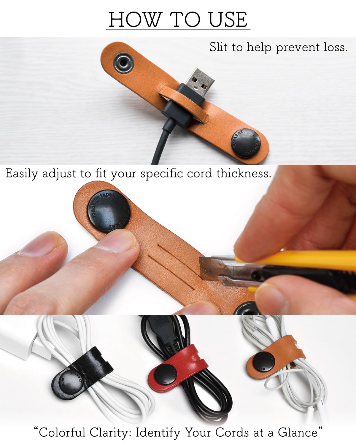 TAVARAT Cord Organizer, Cable Organizer, Charger Organizer, made in Japan, Genuine Leather, Cable Straps, Cable management, Cable Holder (Black, set of 3)